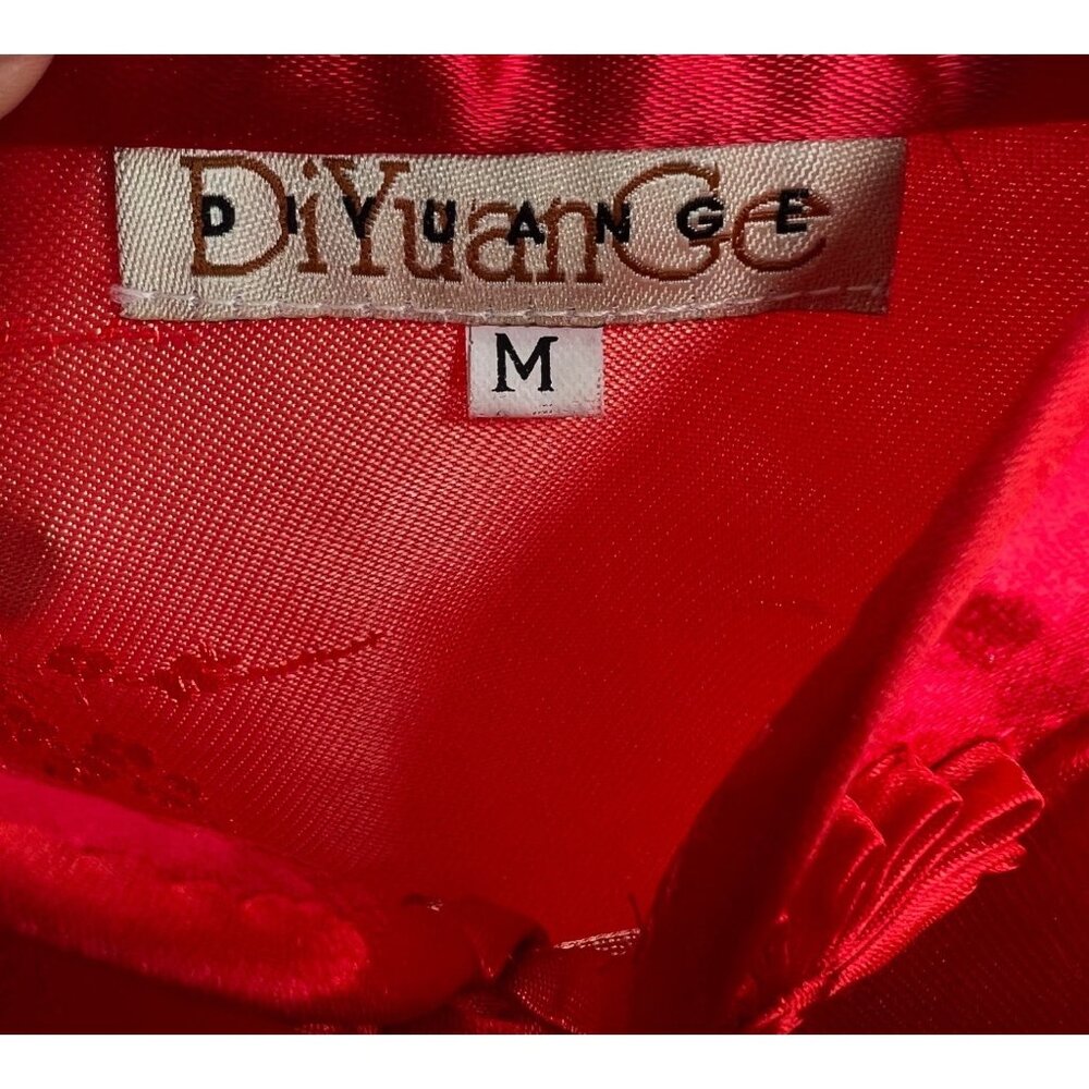 Vintage Y2K 90s DiYuange Red Satin Gold Floral Embroidered Cheongsam Qipao Dress - Picture 15 of 16